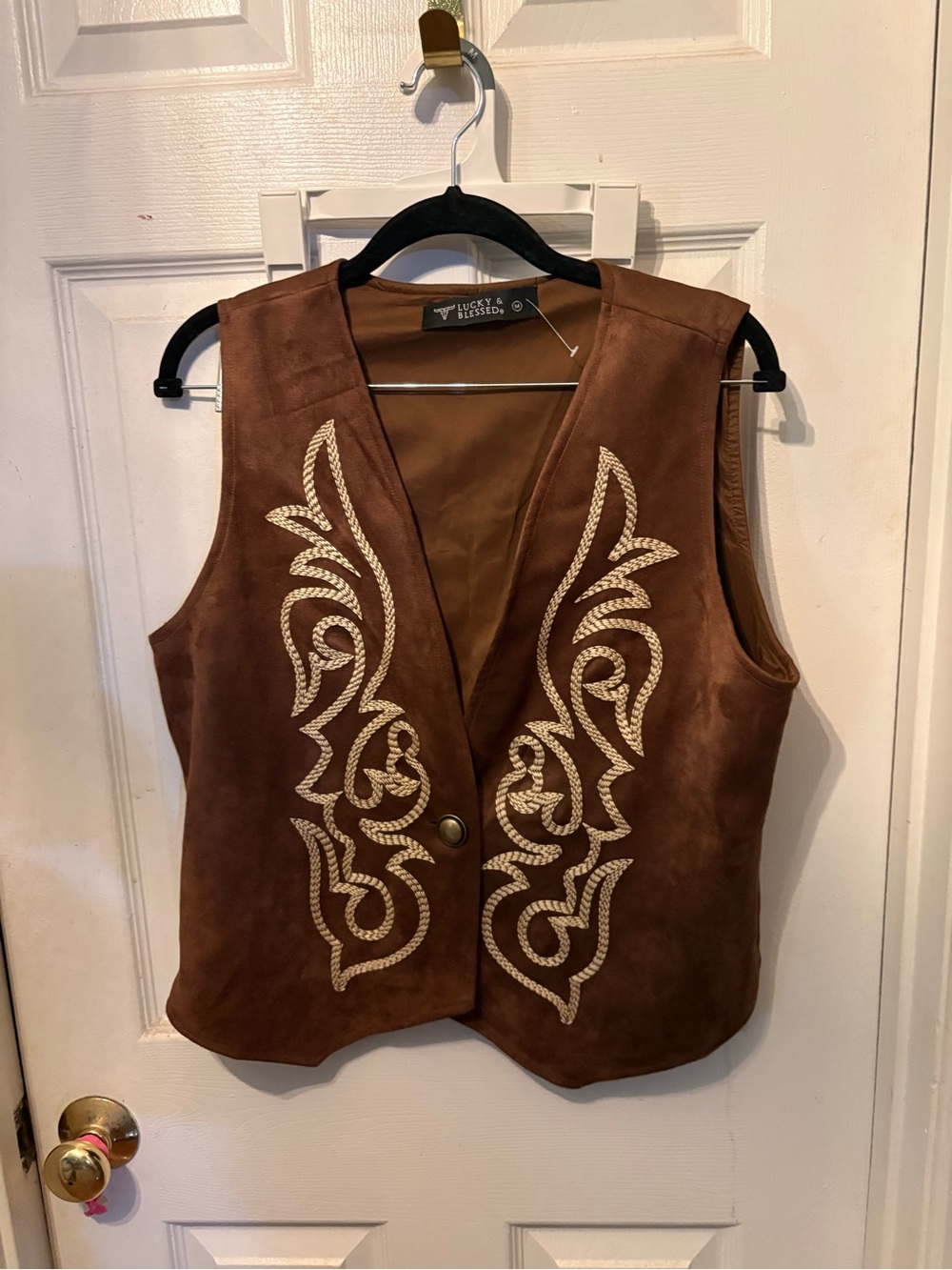 Lucky & Blessed Brown Suede Vest with Cream Embroidery